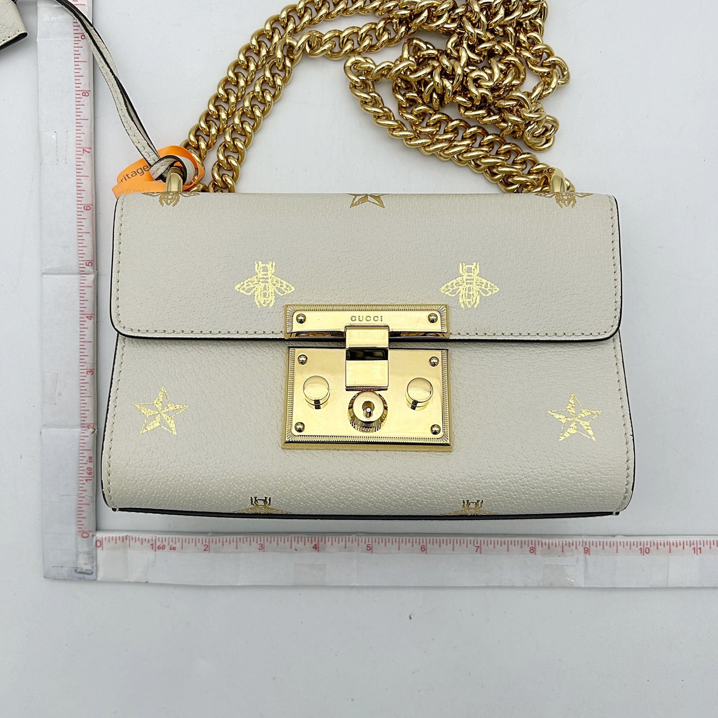 GUCCI Grained Calfskin Bee Star Small Padlock Shoulder Bag White 2506222502
