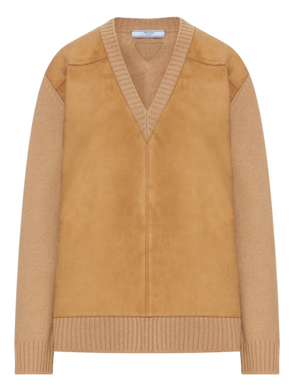 Prada Women Suede-Panel V-Neck Wool Sweater