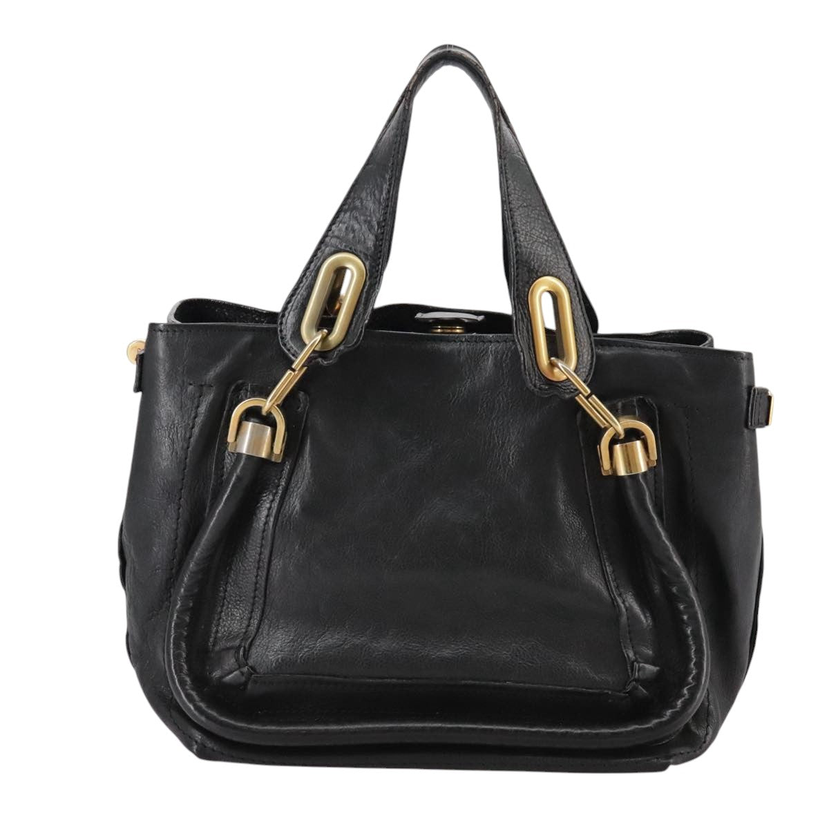 Chloe Paraty Hand Bag Leather Black Gold 106891