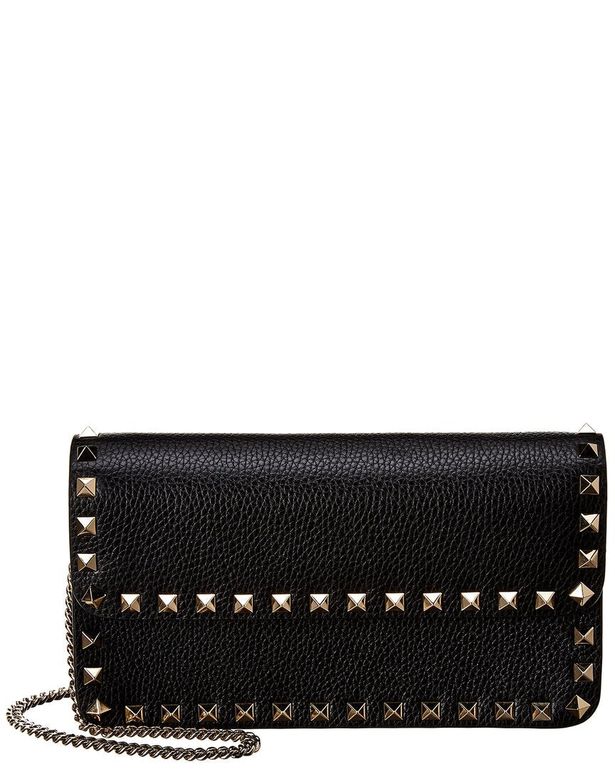 Valentino Rockstud Grainy Leather Wallet On Chain ONE SIZE Black