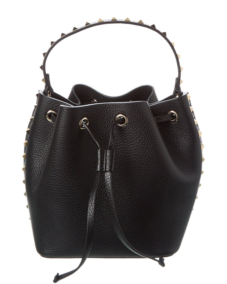 Valentino Rockstud Grainy Leather Bucket Bag ONE SIZE Black