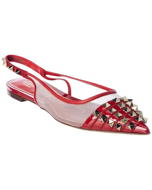 Valentino Rockstud Alcove Patent & Mesh Slingback Flat Red
