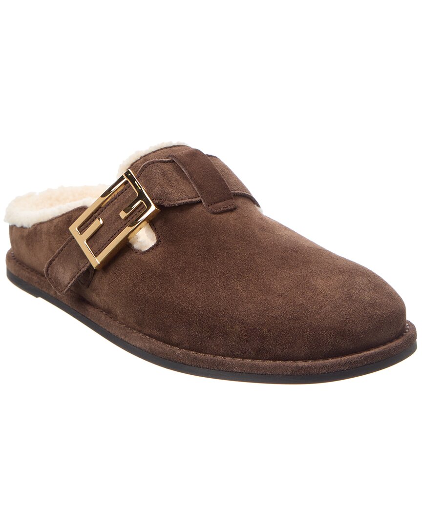 Fendi Feel Suede & Shearling Sabot Brown