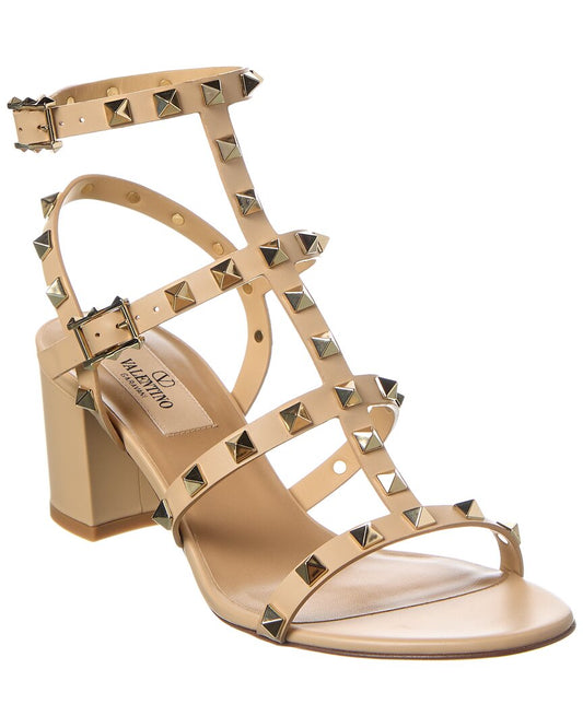Valentino Rockstud Caged 60 Leather Ankle Strap Sandal Beige