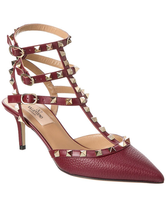 Valentino Rockstud Caged 65 Grainy Leather Ankle Strap Pump Red