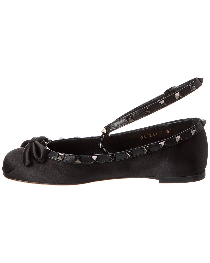 Valentino Rockstud Satin & Leather Ankle Strap Ballerina Flat