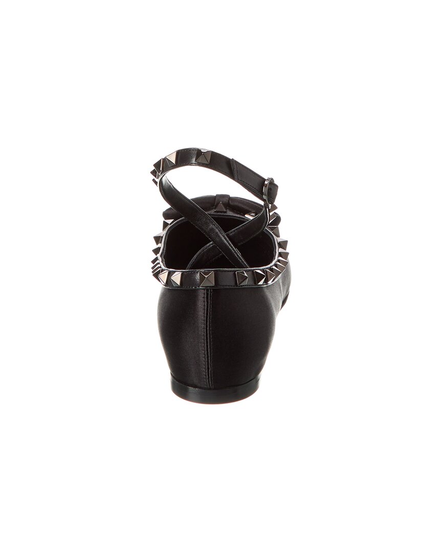 Valentino Rockstud Satin & Leather Ankle Strap Ballerina Flat