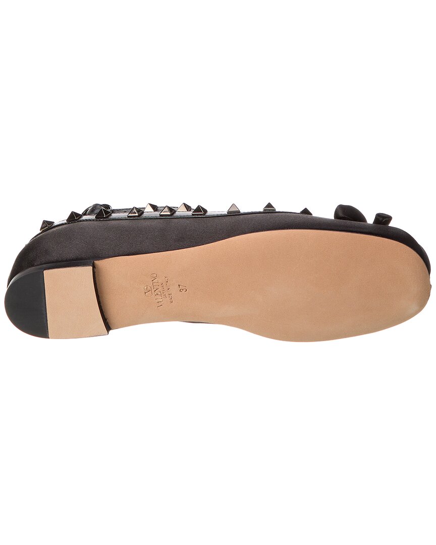 Valentino Rockstud Satin & Leather Ankle Strap Ballerina Flat