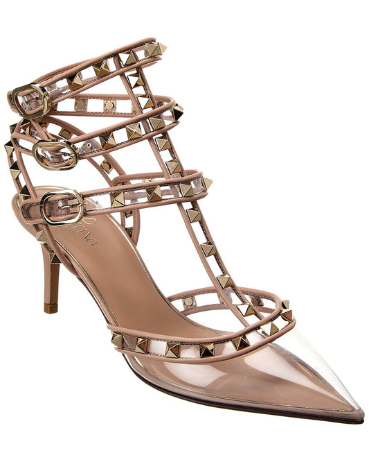 Valentino Rockstud Caged 65 Leather & Vinyl Ankle Strap Pump Pink