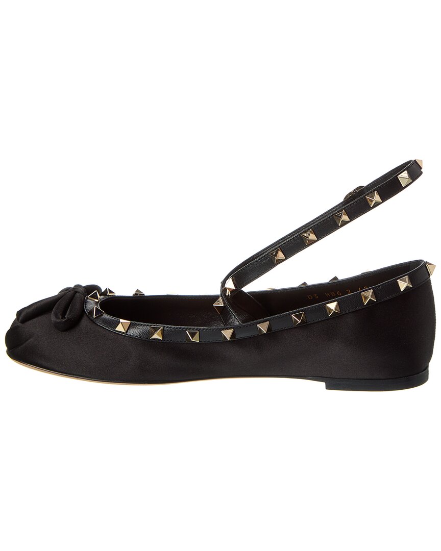 Valentino Rockstud Satin & Leather Ankle Strap Ballerina Flat