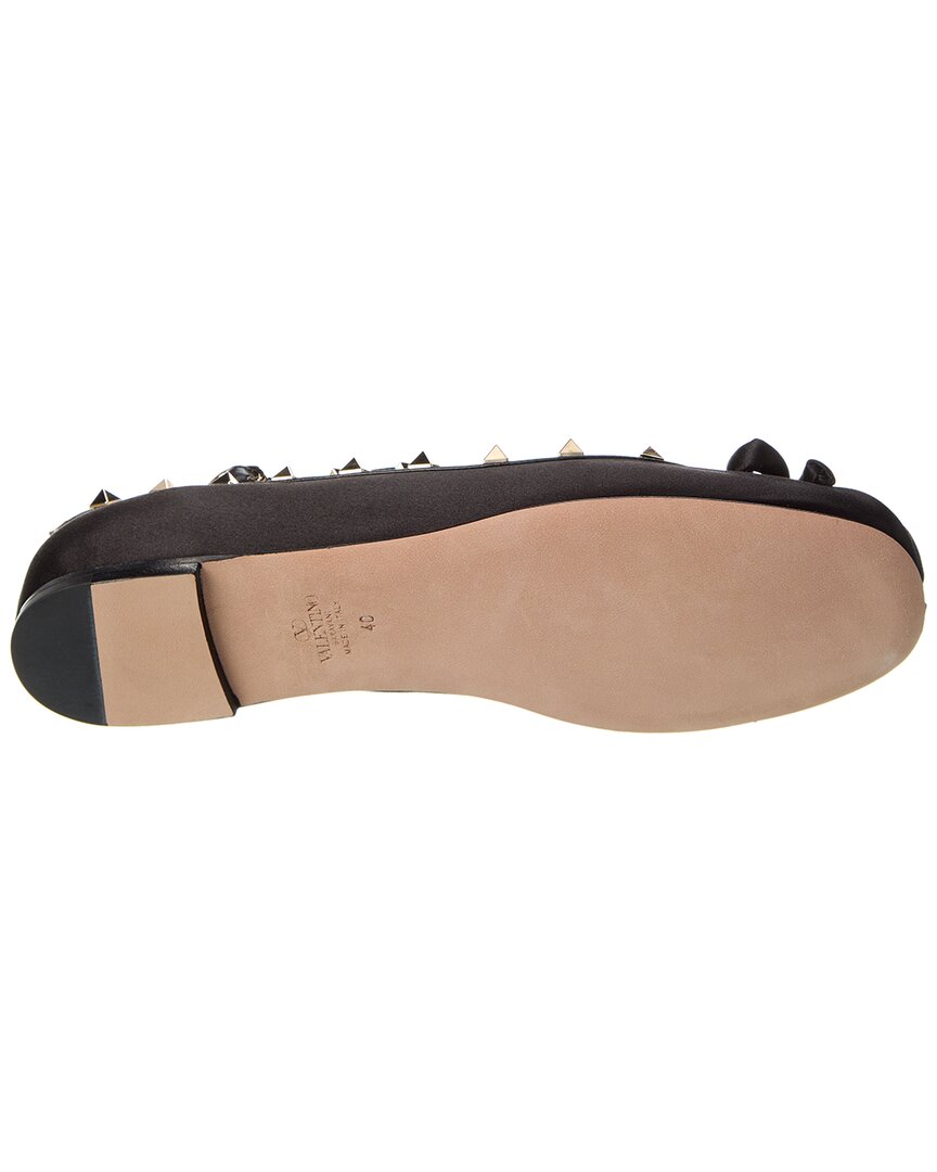Valentino Rockstud Satin & Leather Ankle Strap Ballerina Flat