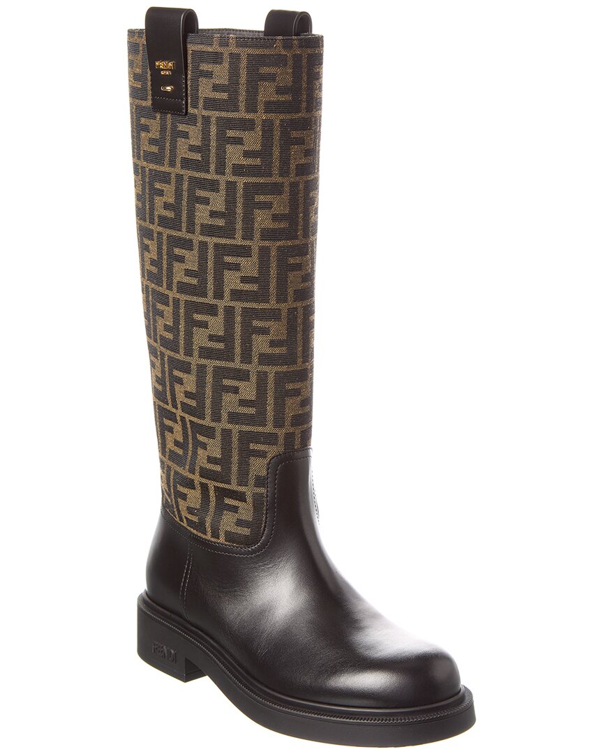 Fendi Filo Ff Jacquard Canvas & Leather Knee-High Boot Brown