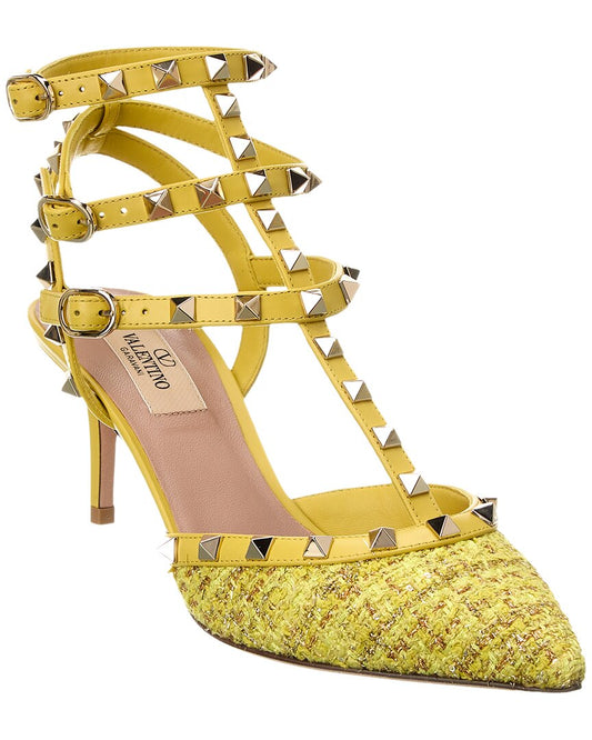Valentino Rockstud Caged 65 Leather & Tweed Ankle Strap Pump Yellow