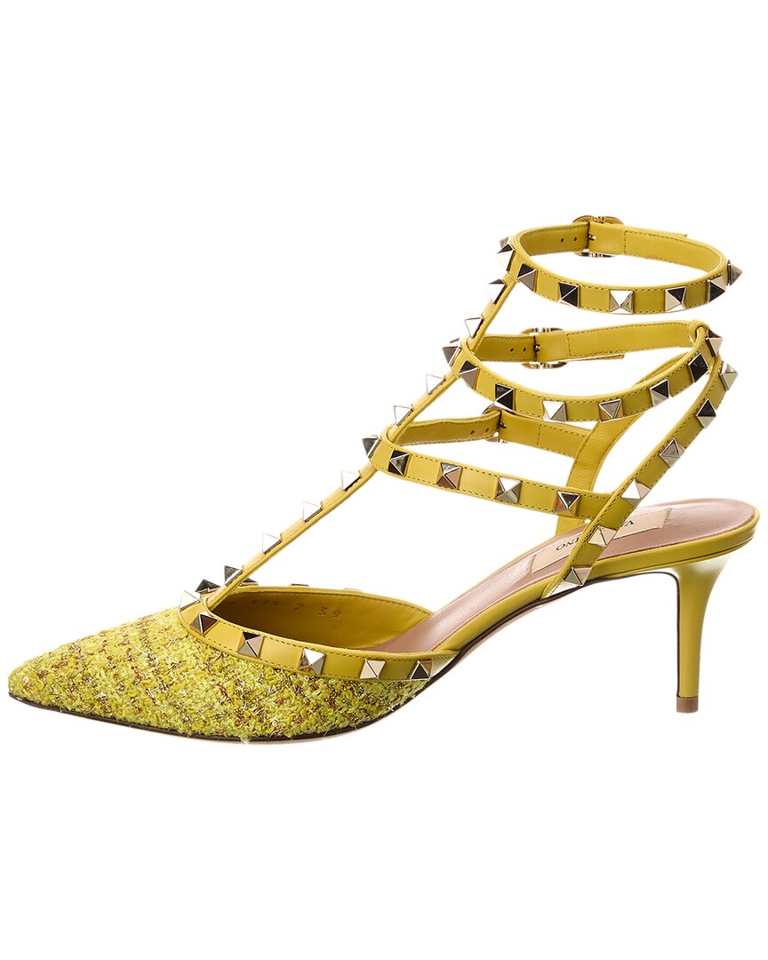 Valentino Rockstud Caged 65 Leather & Tweed Ankle Strap Pump
