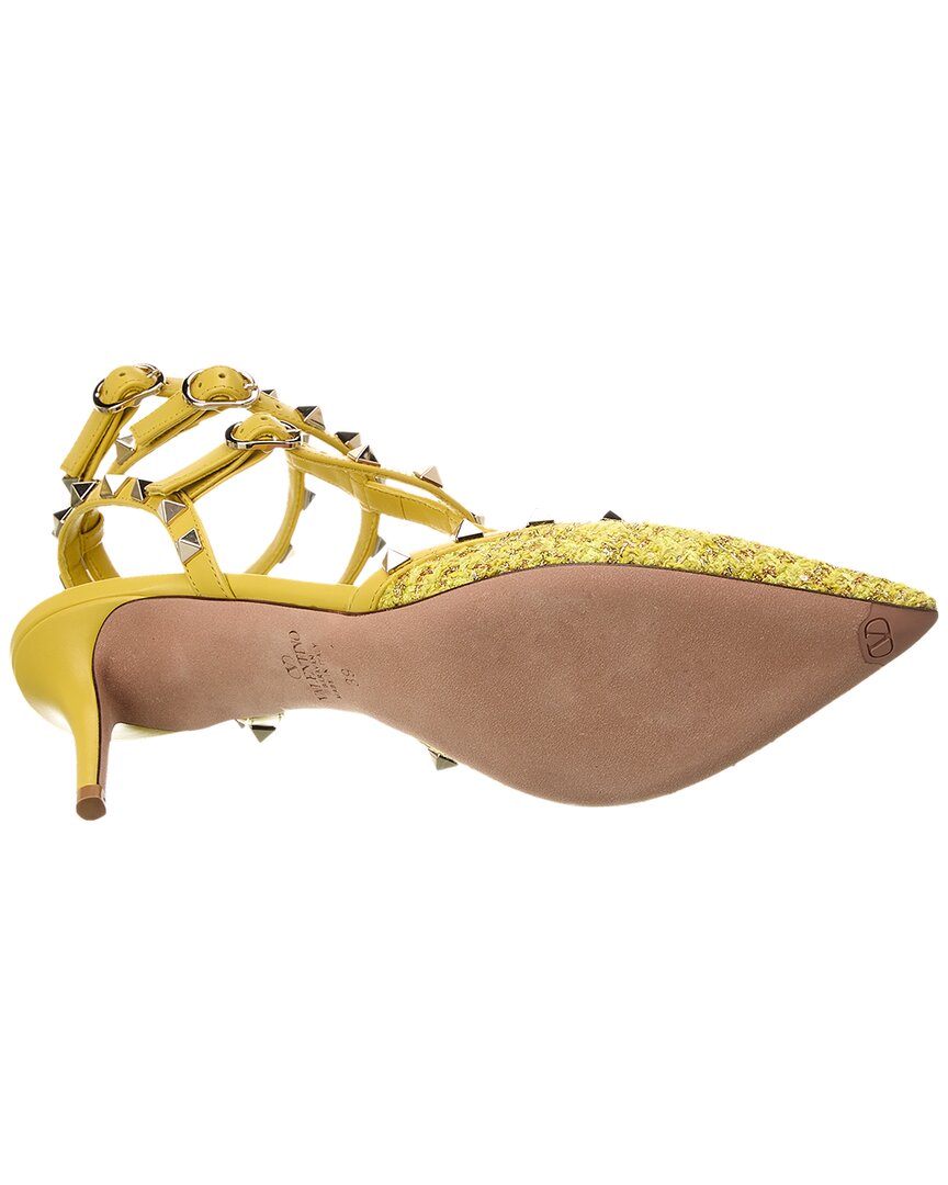Valentino Rockstud Caged 65 Leather & Tweed Ankle Strap Pump