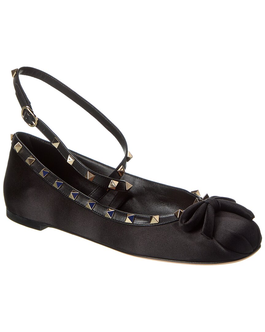Valentino Rockstud Satin & Leather Flat Black