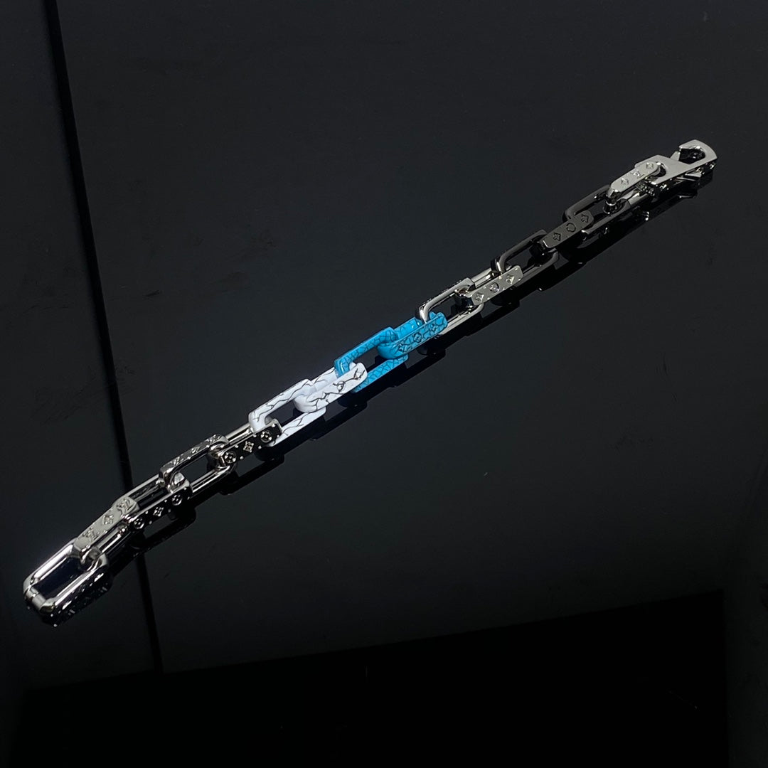 Louis Vuitton MONOGRAM BLACK SILVER BLUE CHAIN BRACELET