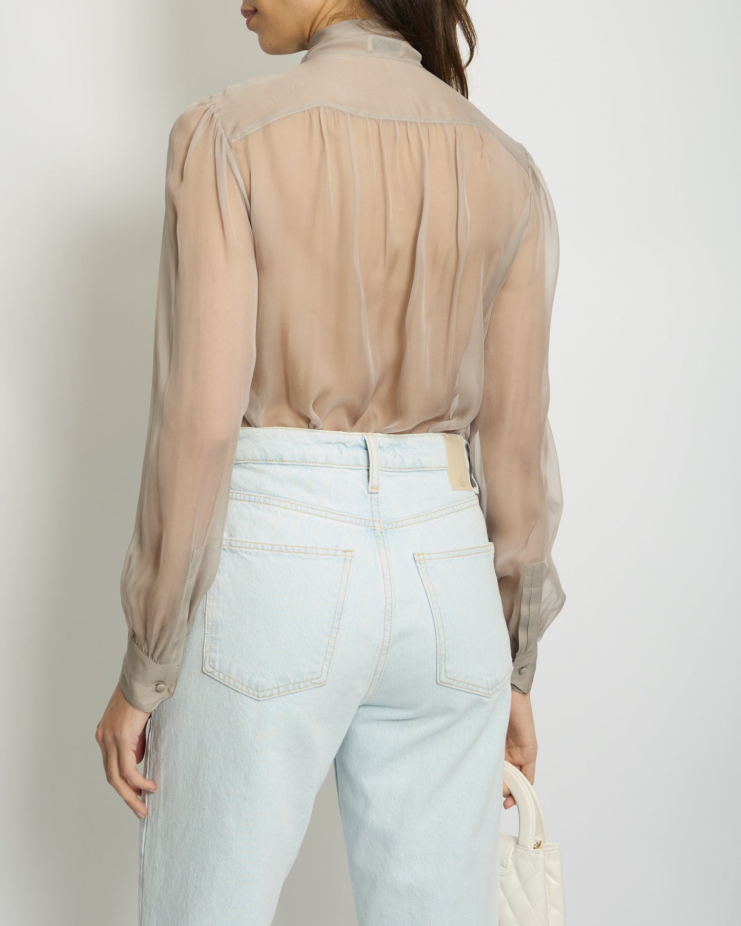 Saint Laurent Dove Grey Silk Button Down Shirt with Neck Tie Detail FR 38 (UK 10)