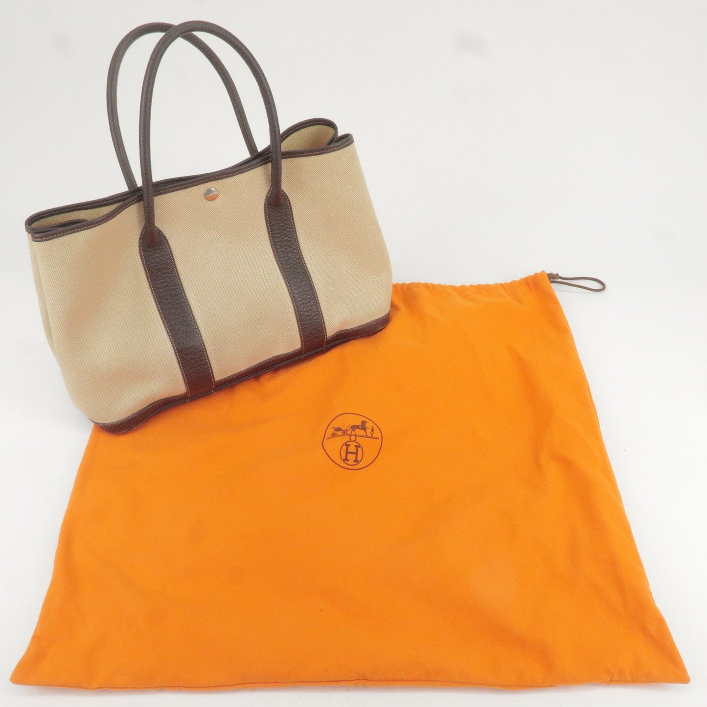 HERMES Canvas Leather Garden Party PM Tote Bag Beige G Stamp