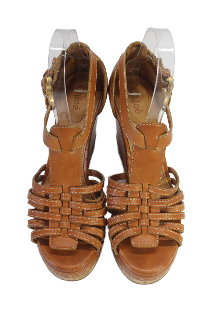 Chloe Womens Leather Textured Open Toe Ankle Strap Wedge Heels Brown