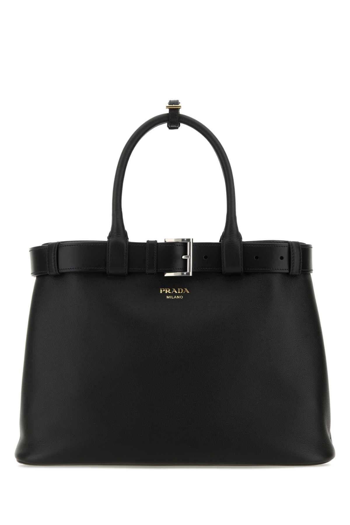 Prada Women Black Leather Prada Buckle Large Handbag
