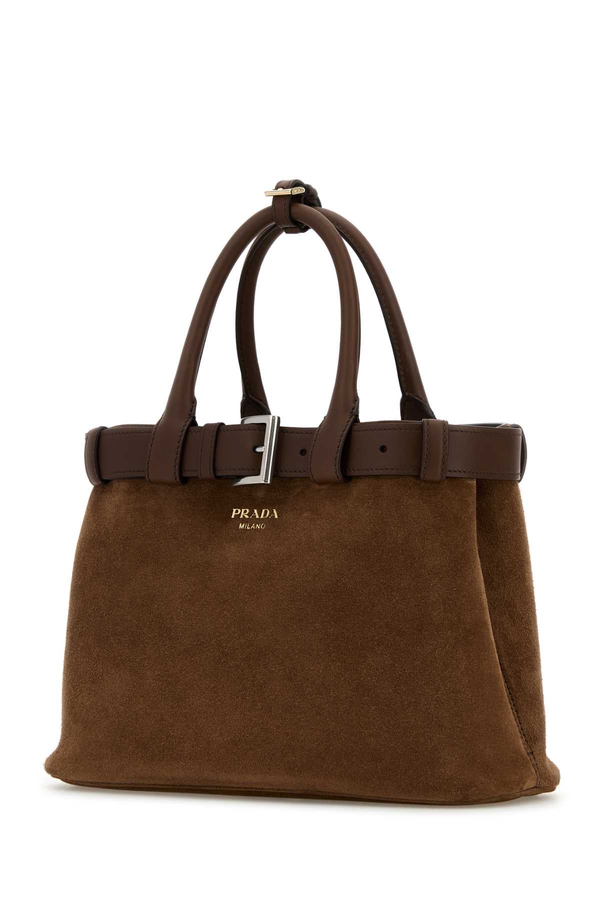 Prada Women Brown Suede Prada Buckle Medium Handbag