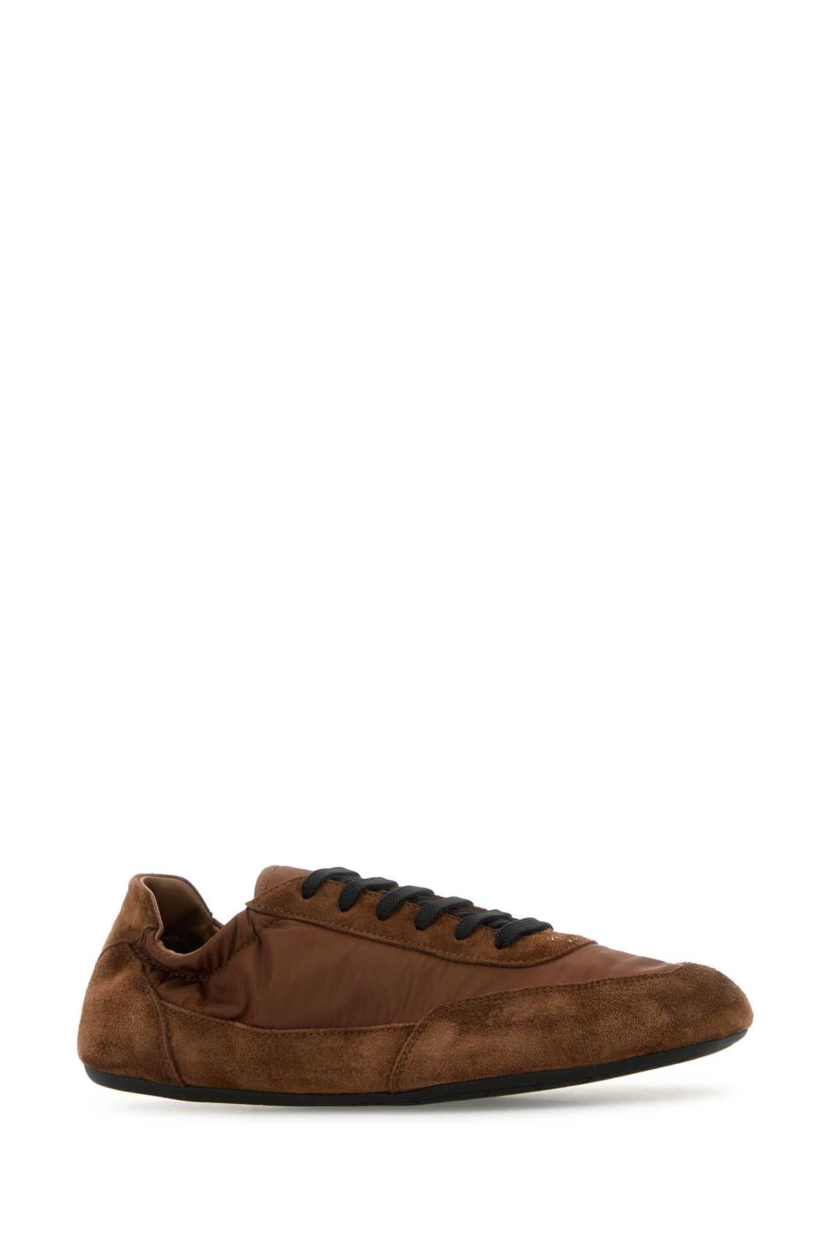 Prada Women Brown Re-Nylon And Suede Collapse Sneakers