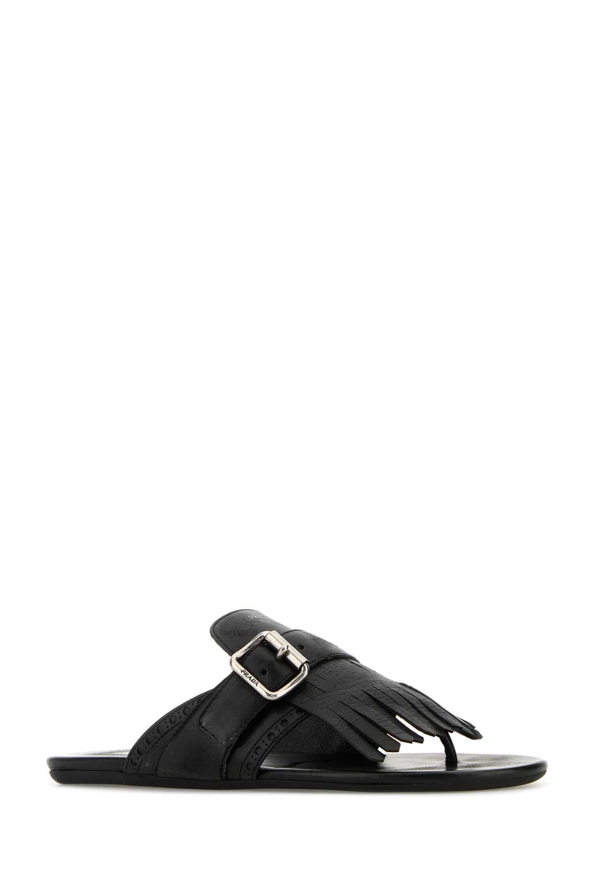 Prada Women Black Leather Shuffle Thong Slippers