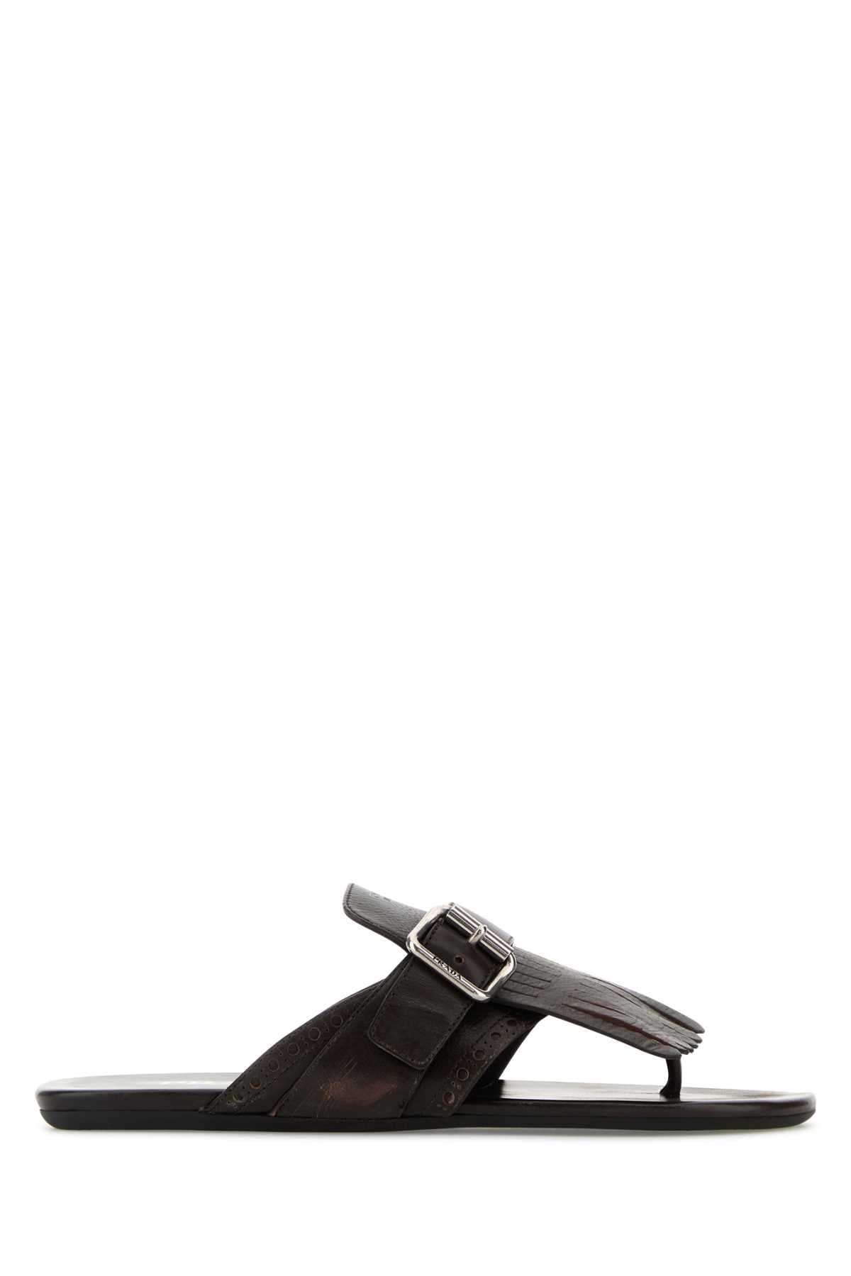 Prada Women Dark Brown Leather Shuffle Thong Slippers