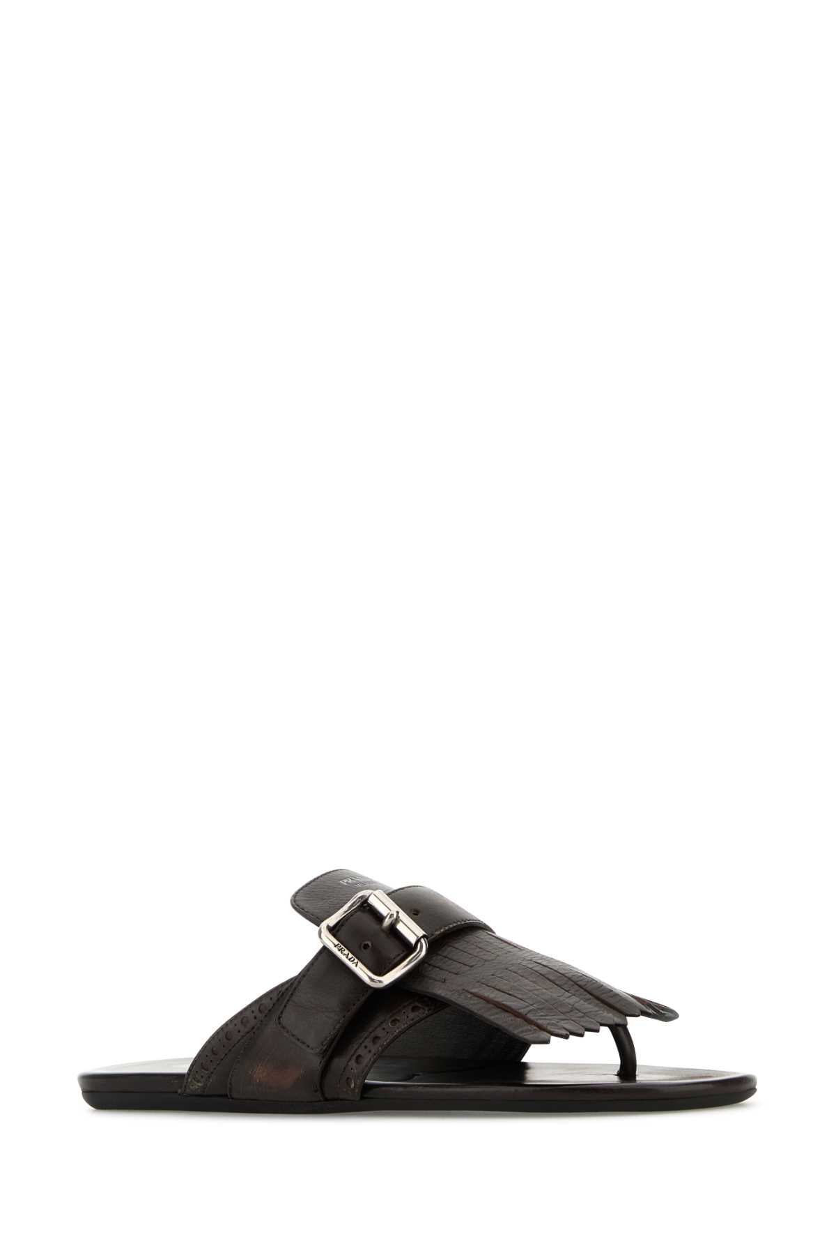 Prada Women Dark Brown Leather Shuffle Thong Slippers