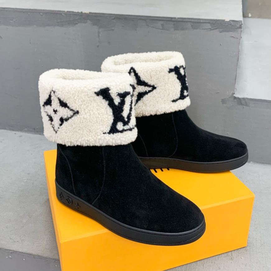 Louis Vuitton Snowdrop Flat Ankle Boot Black Mix White Monogram White Suede