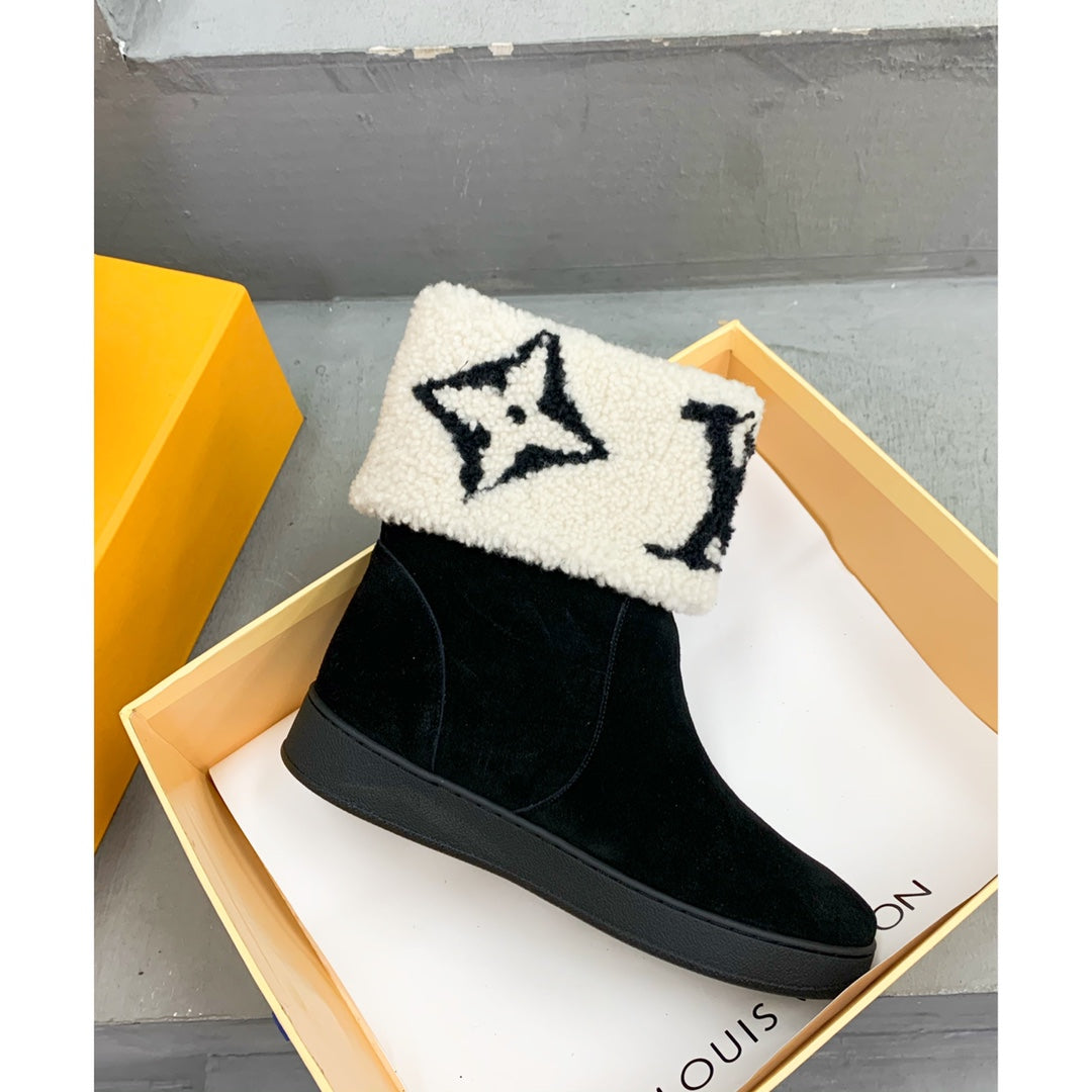 Louis Vuitton Snowdrop Flat Ankle Boot Black Mix White Monogram White Suede
