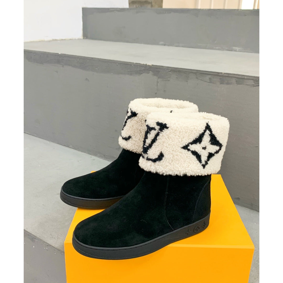 Louis Vuitton Snowdrop Flat Ankle Boot Black Mix White Monogram White Suede