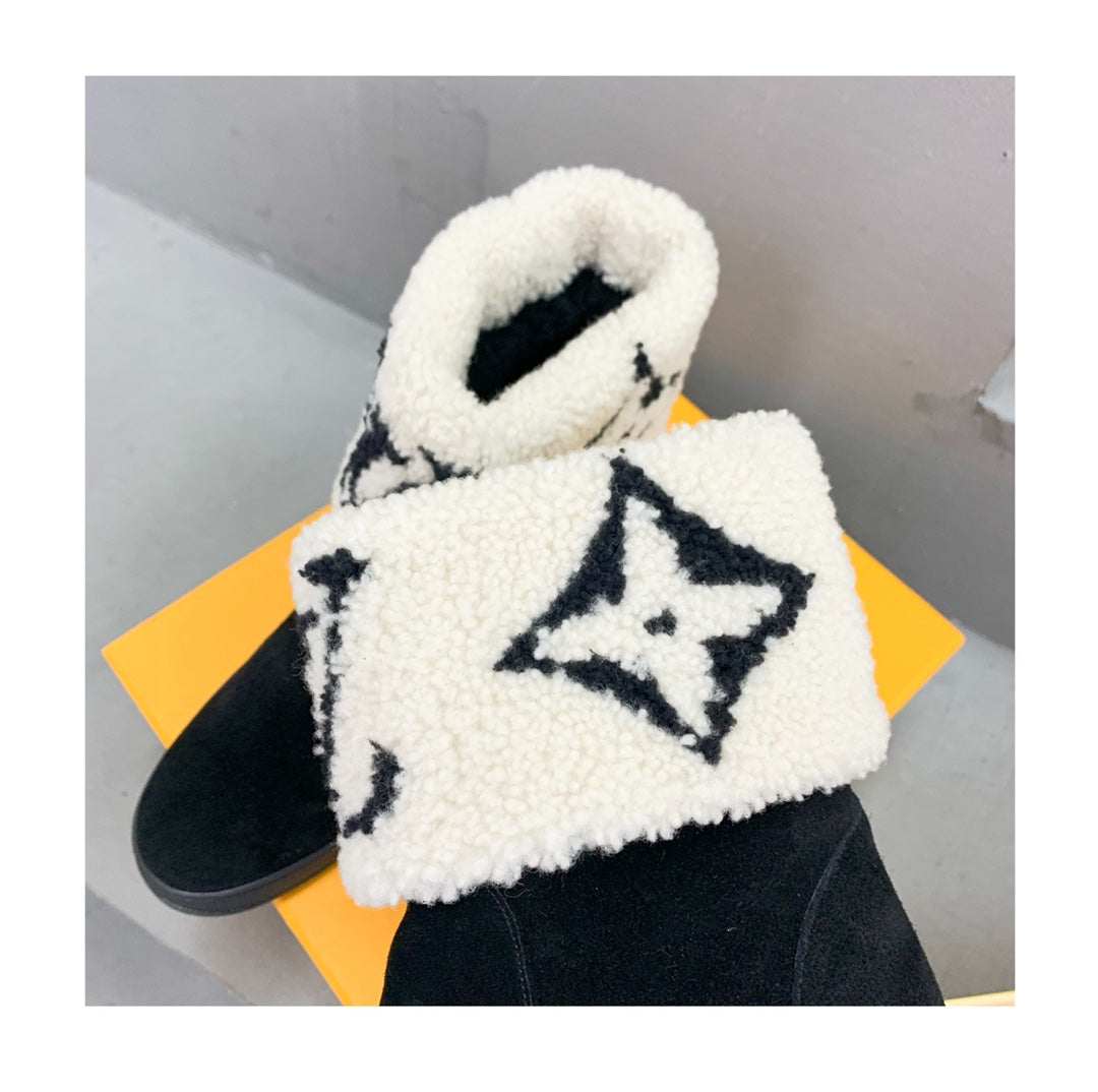Louis Vuitton Snowdrop Flat Ankle Boot Black Mix White Monogram White Suede