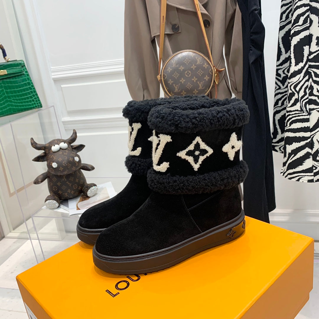 Louis Vuitton Snowdrop Flat Ankle Boot Black Monogram White Suede