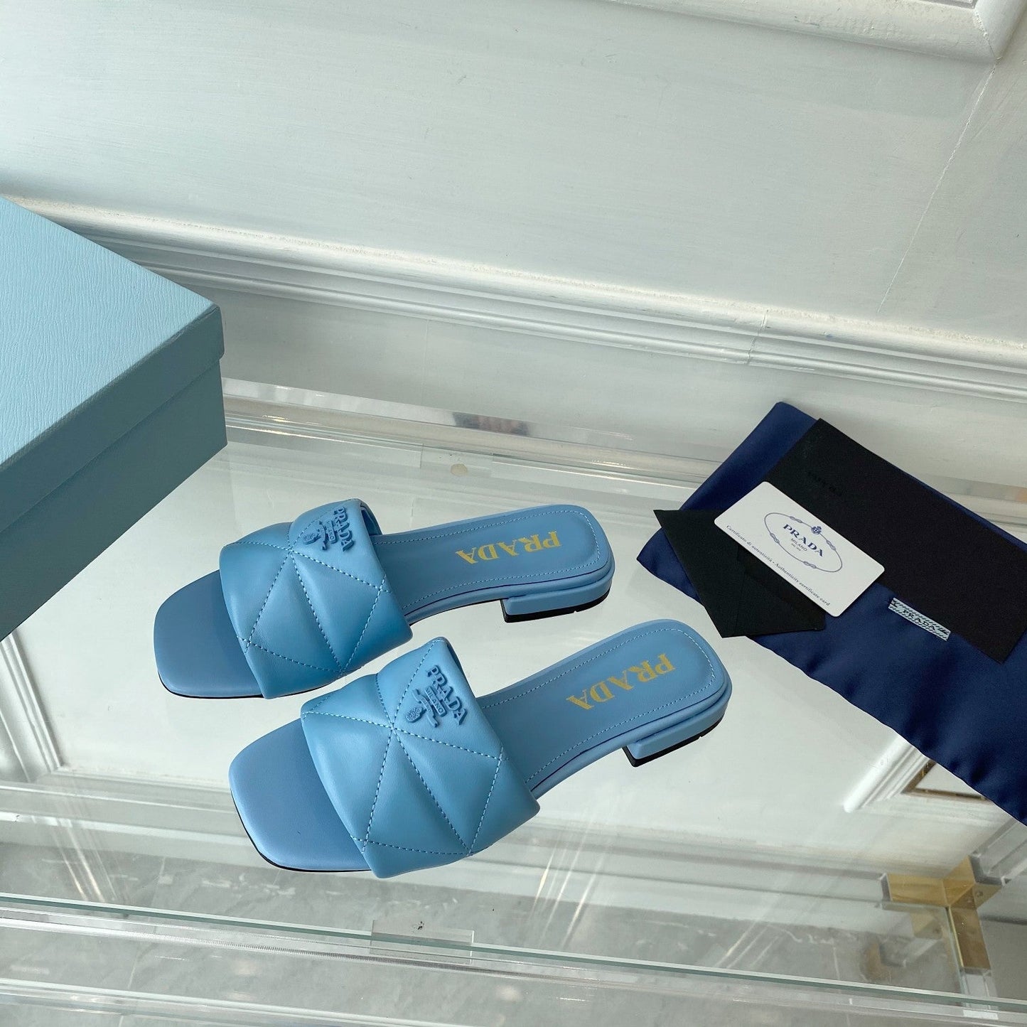 PRADA Slide 25 Quilted Sky Blue leather