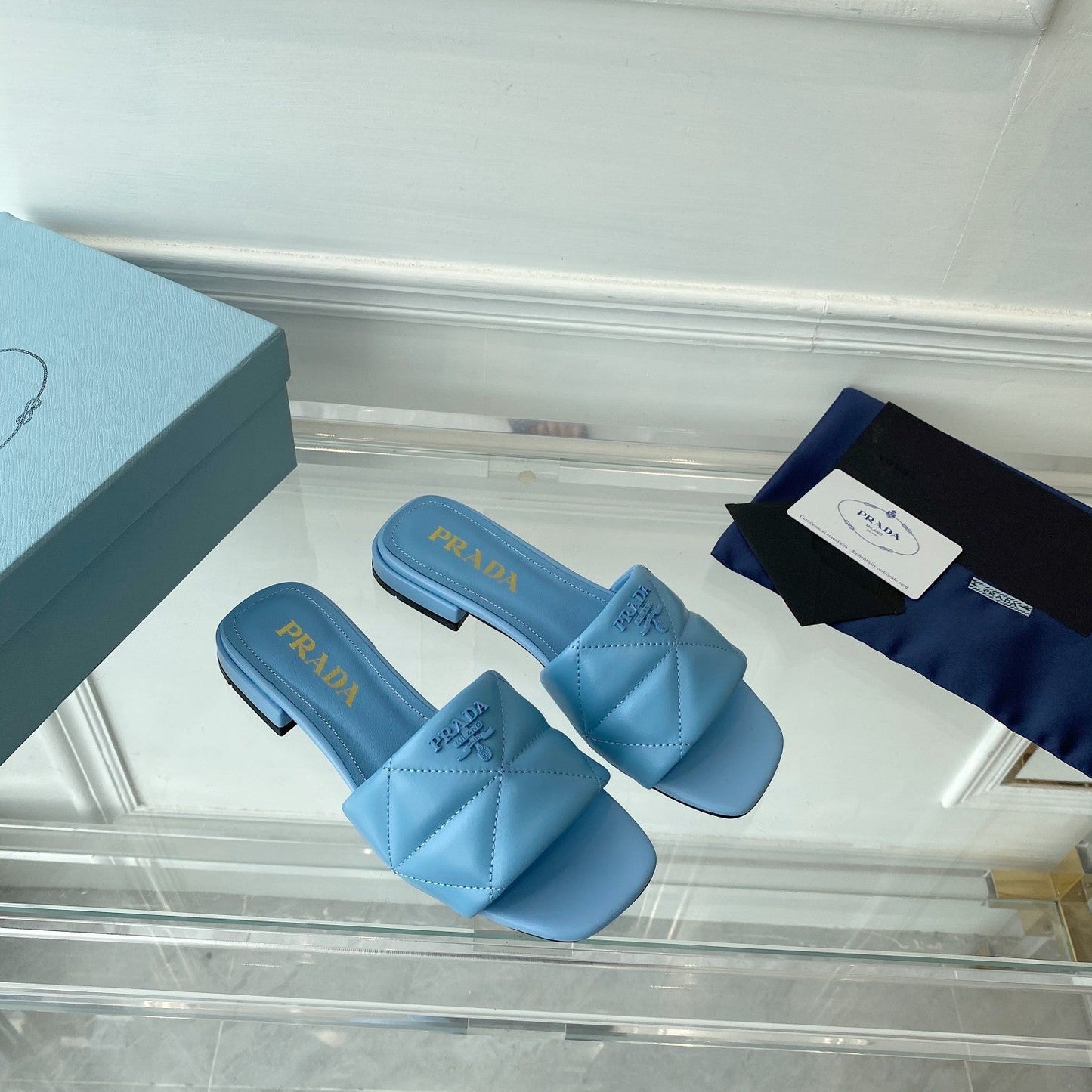 PRADA Slide 25 Quilted Sky Blue leather