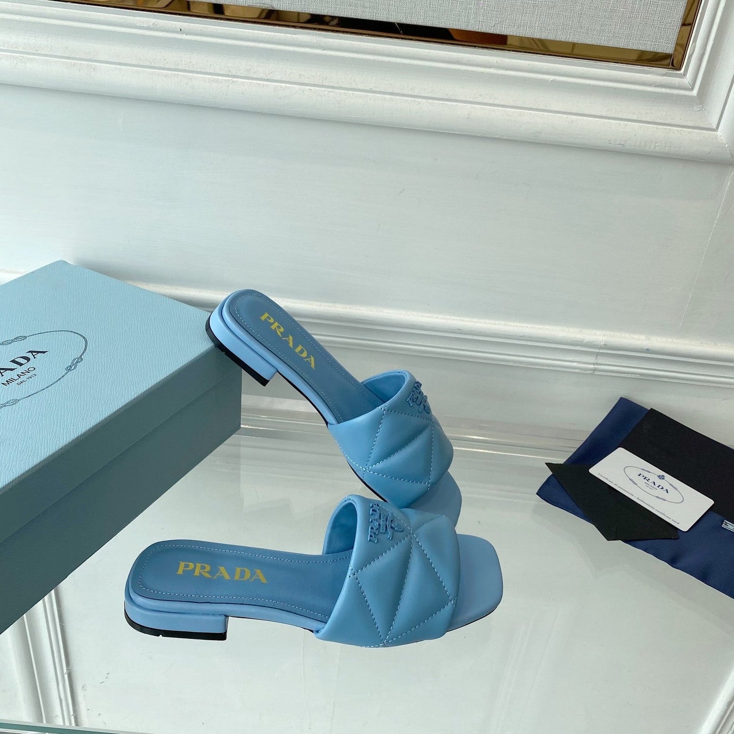 PRADA Slide 25 Quilted Sky Blue leather