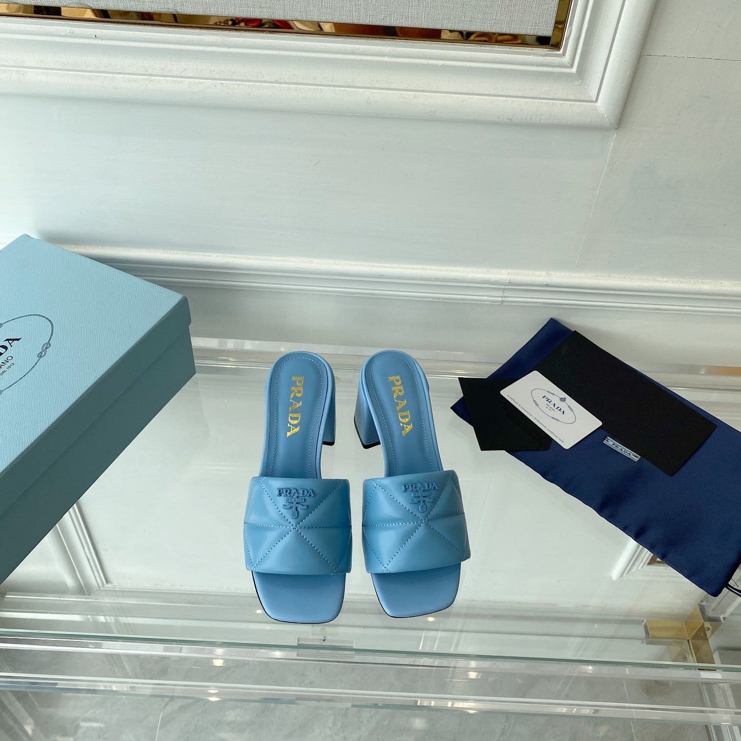 PRADA Heeled Sandal 65 Square Sole Quilted Sky Blue Leather