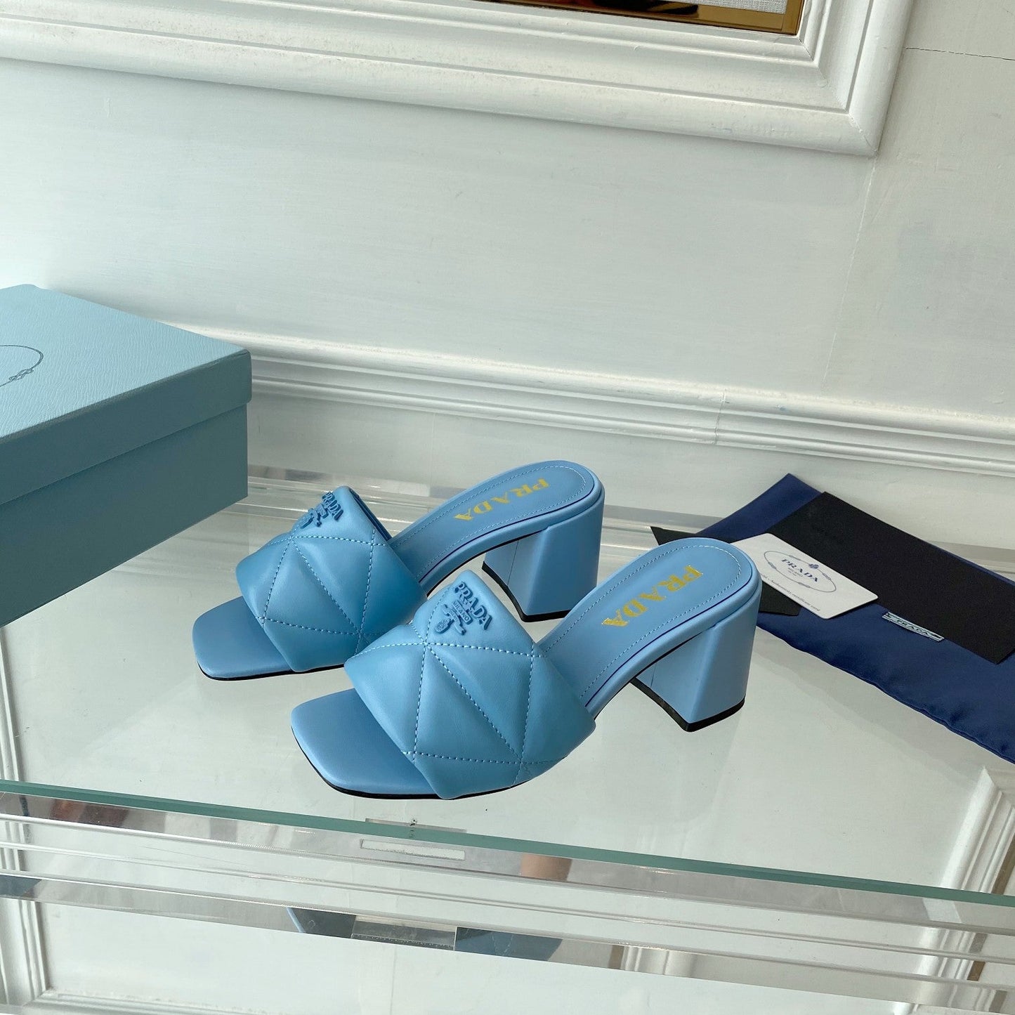 PRADA Heeled Sandal 65 Square Sole Quilted Sky Blue Leather