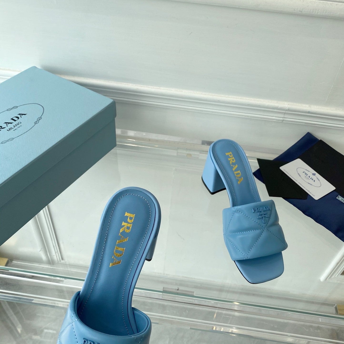 PRADA Heeled Sandal 65 Square Sole Quilted Sky Blue Leather