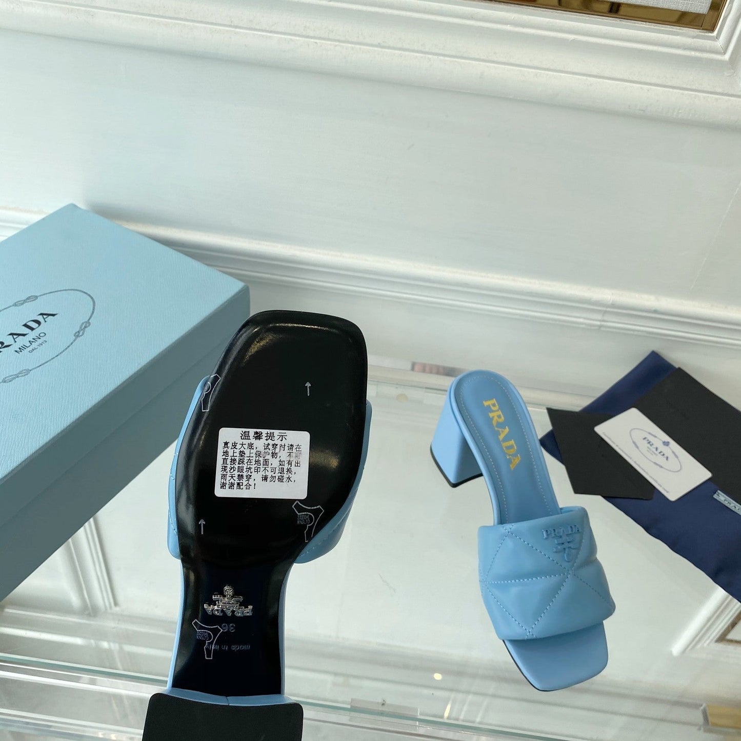 PRADA Heeled Sandal 65 Square Sole Quilted Sky Blue Leather