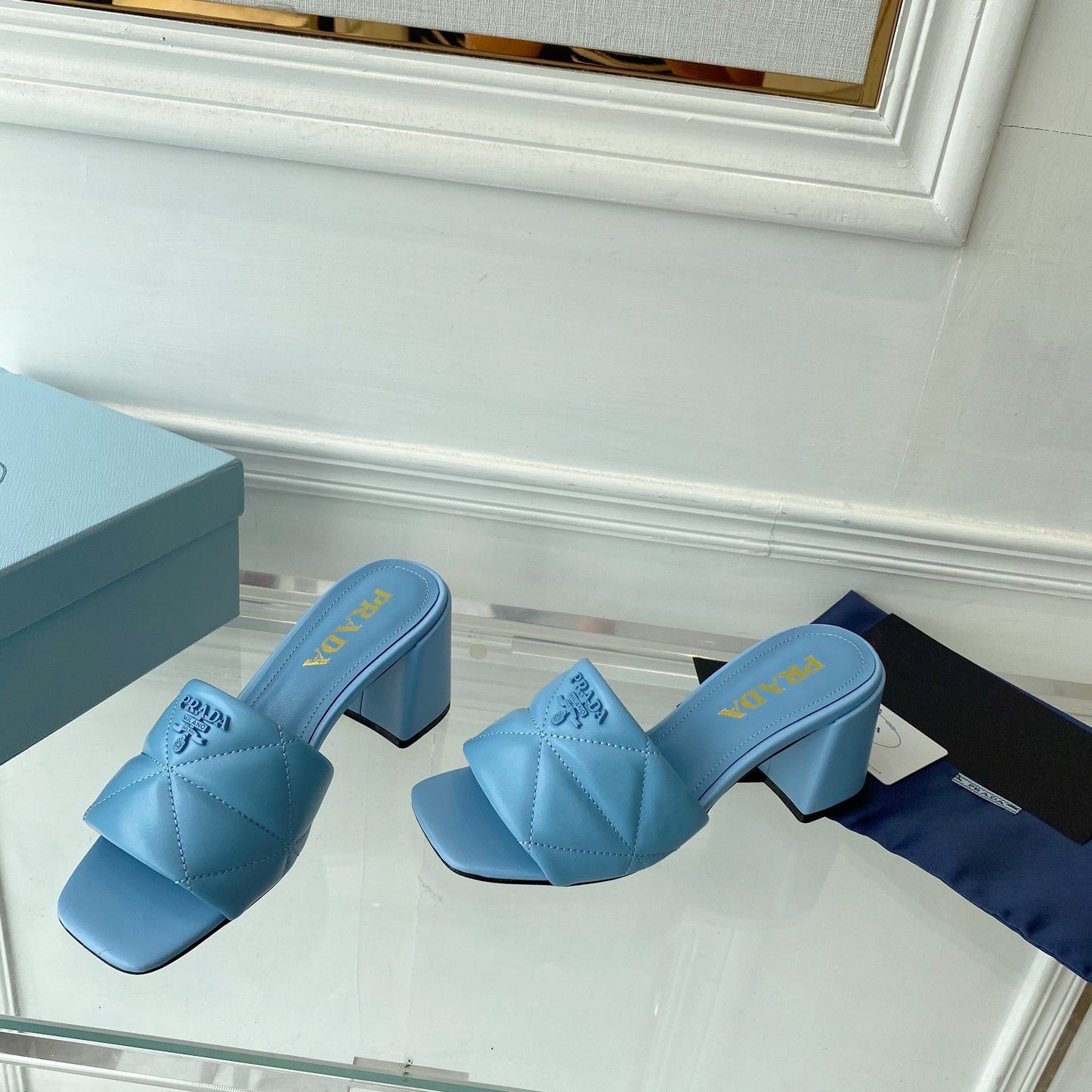 PRADA Heeled Sandal 65 Square Sole Quilted Sky Blue Leather