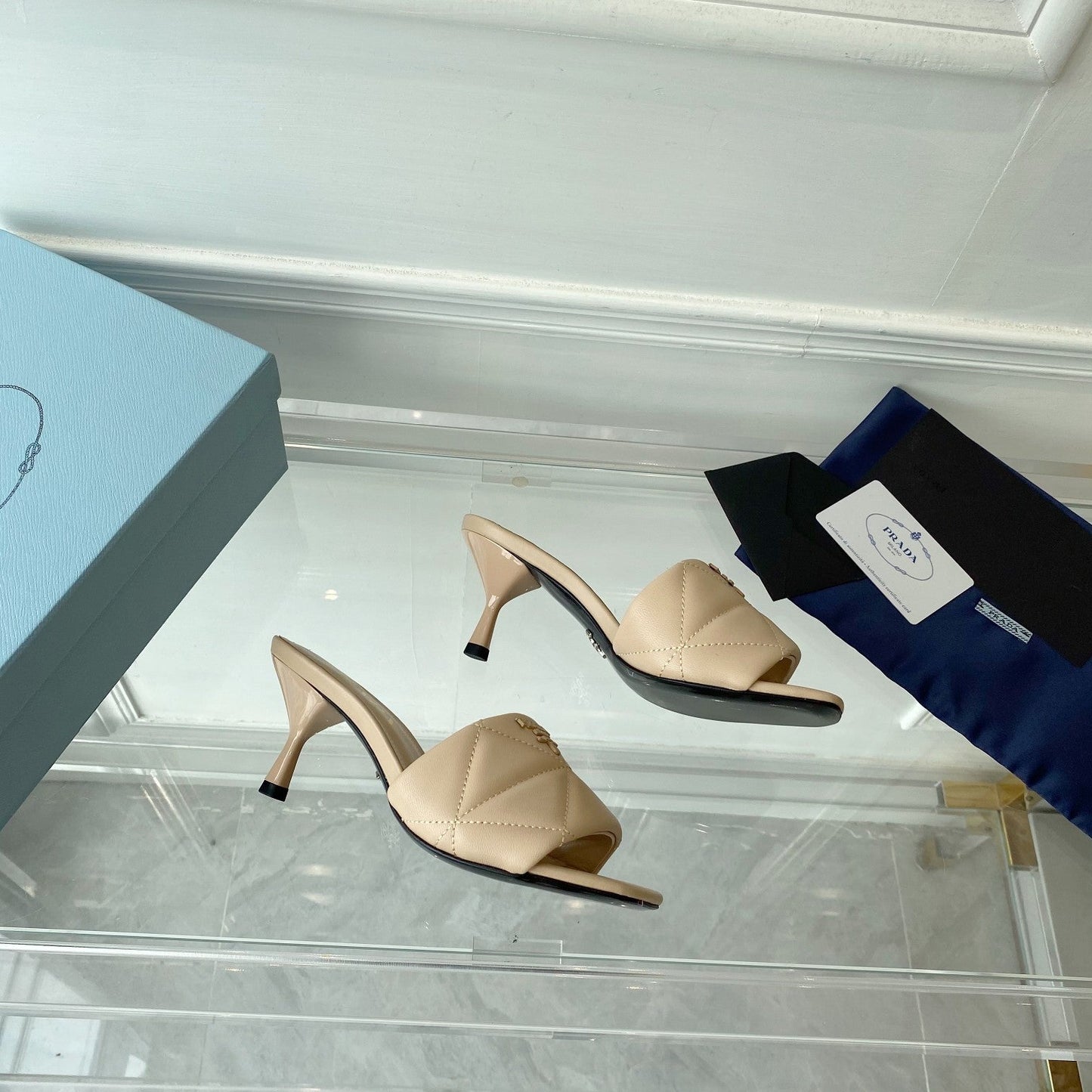 PRADA Heeled Sandal 65 Pointed Sole Quilted Beige Leather