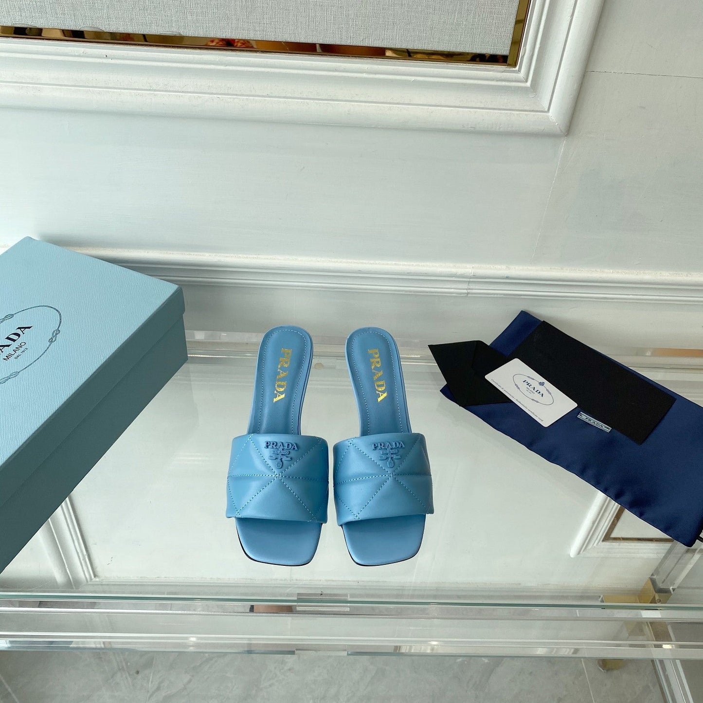 PRADA Heeled Sandal 65 Pointed Sole Quilted Sky Blue Leather