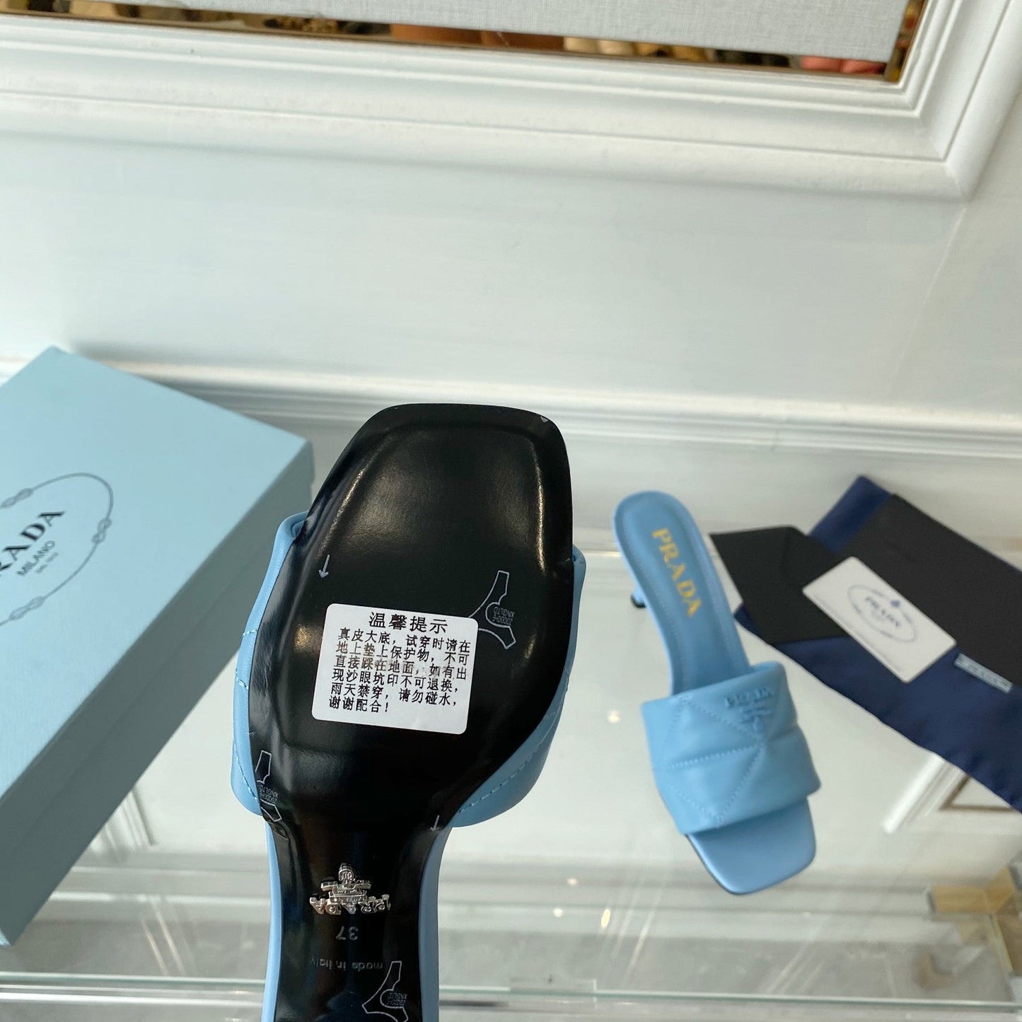 PRADA Heeled Sandal 65 Pointed Sole Quilted Sky Blue Leather