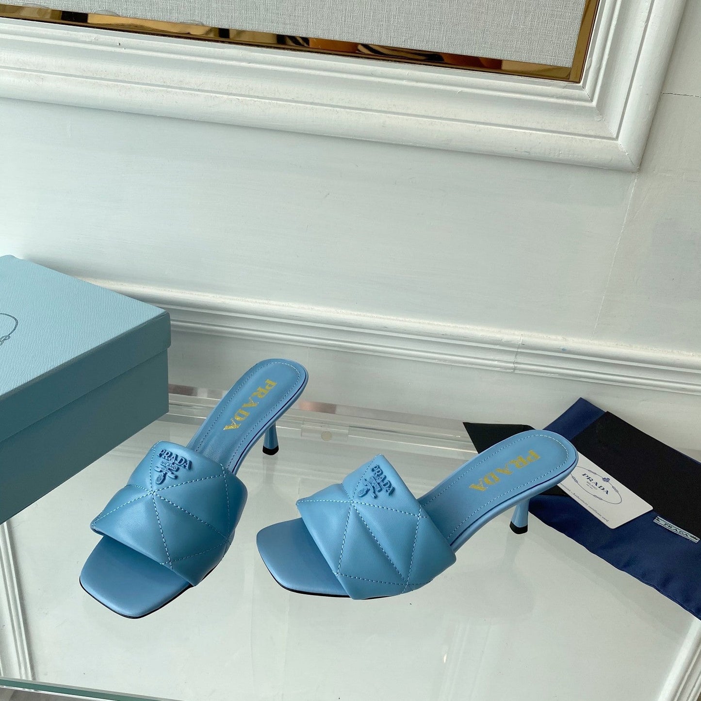 PRADA Heeled Sandal 65 Pointed Sole Quilted Sky Blue Leather