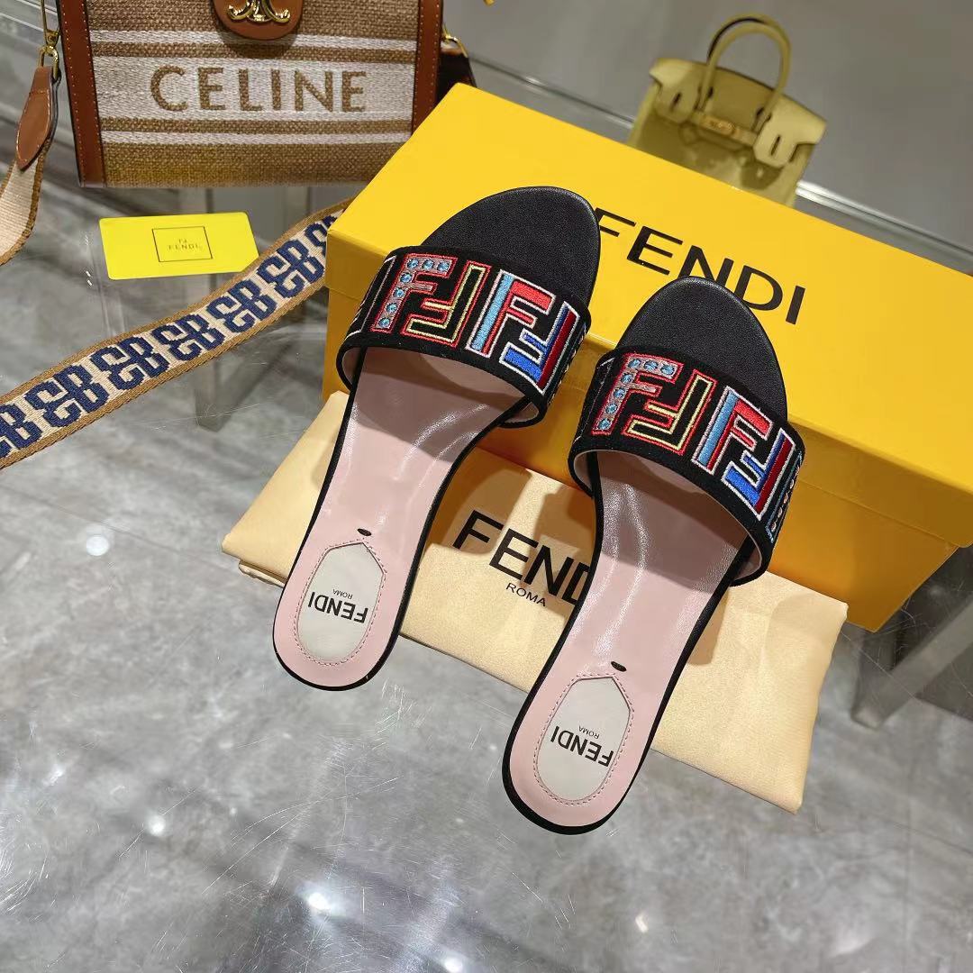 FENDI FF Multicolor Logo Slide Pink Black Leather