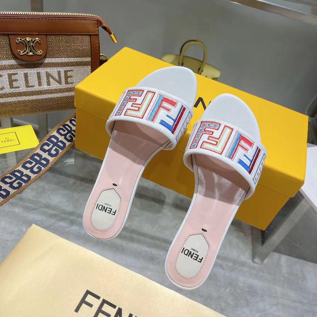 FENDI FF Multicolor Logo Slide Pink White Leather