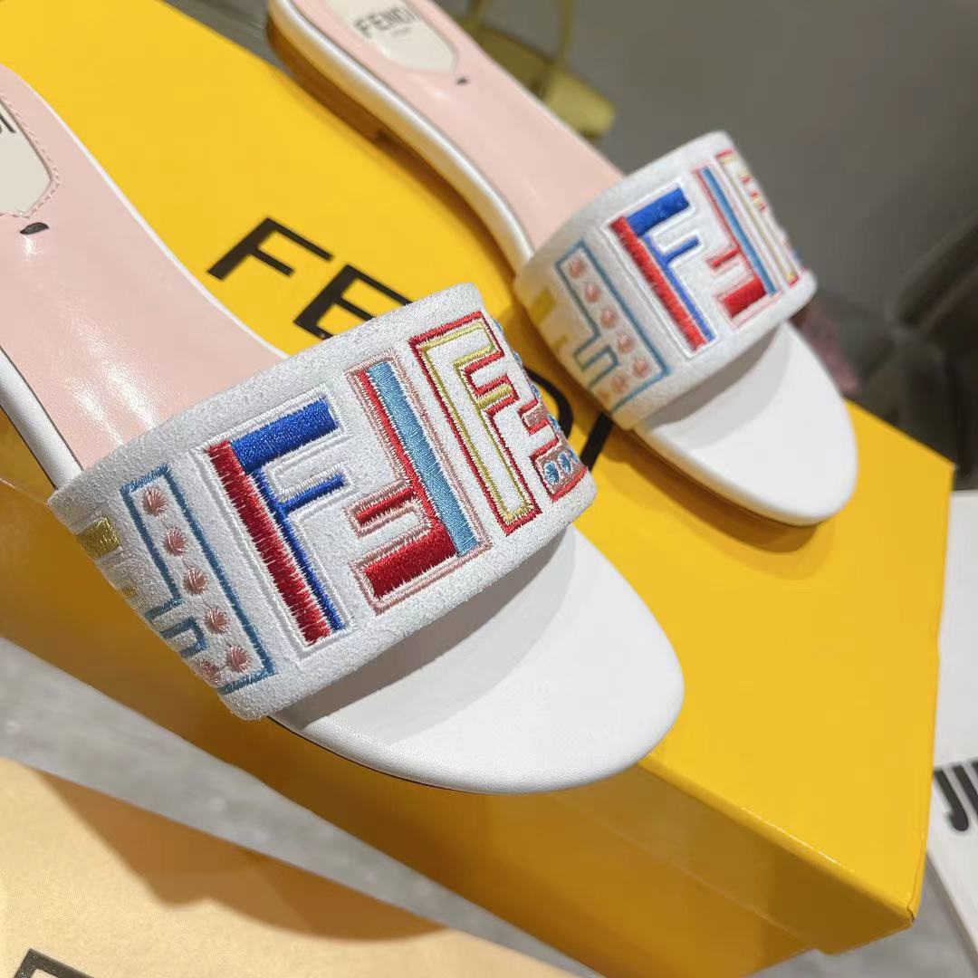 FENDI FF Multicolor Logo Slide Pink White Leather